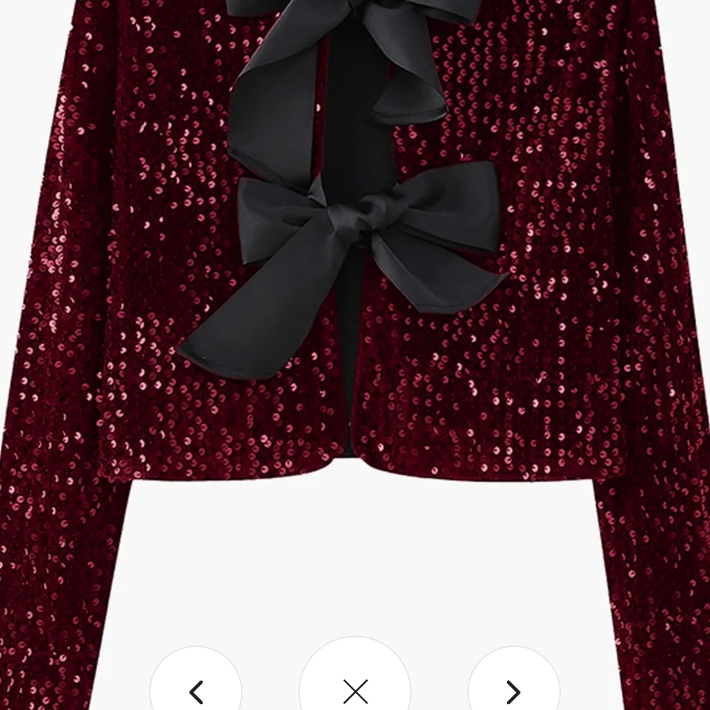 Commense Burgundy Sequin Cardigan with Black Bows